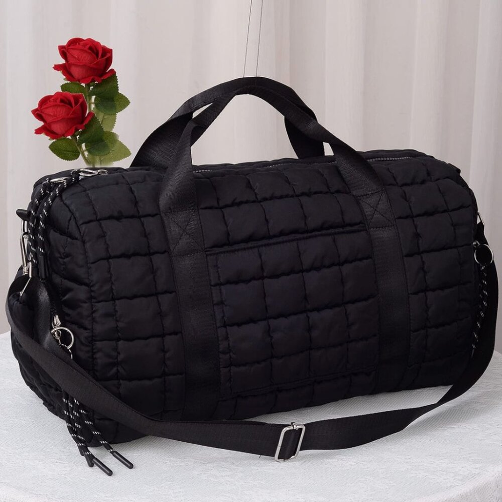 Black Quilted Puffer Weekender Bag | Lightweight Travel Duffel Tote Carry-On Gym